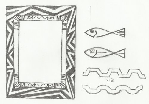 Geometrikus képkeret-minta halakkal